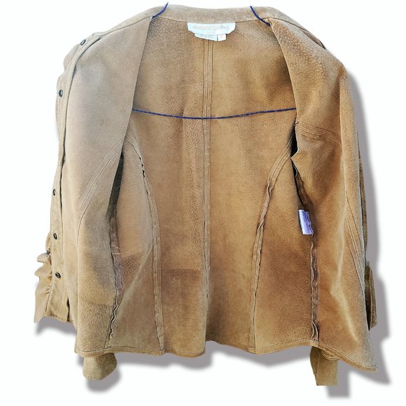 Margaret Godfrey Leather Suede Jacket  Size 4P Beige Leather Ruffle Snap Up Coat - Picture 7 of 7